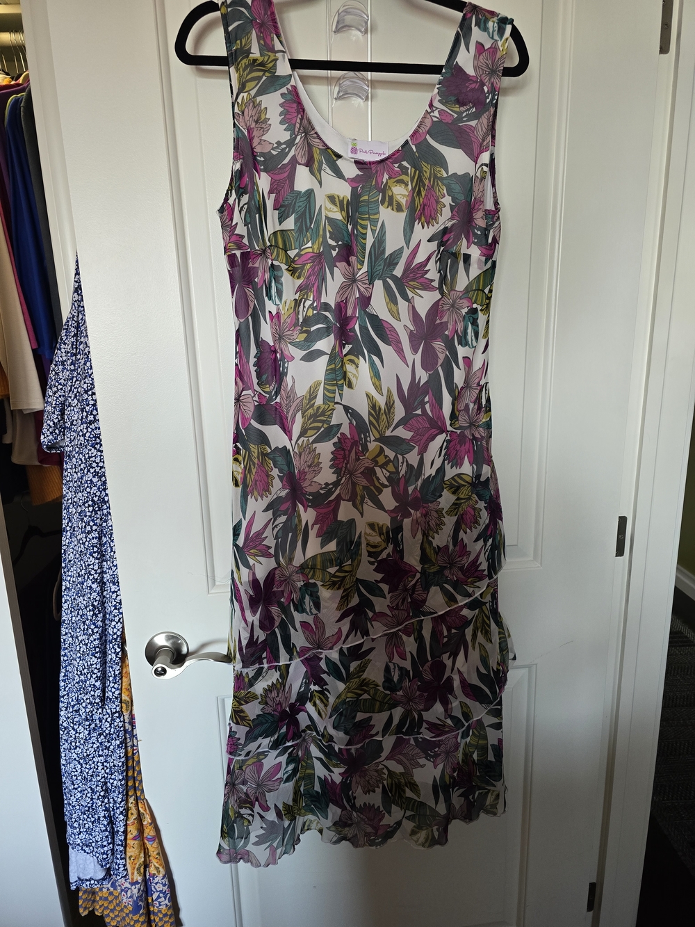 Sleeveless Floral Mid-Calf Dress in White, Pink & Green Floral Sheer Overlay